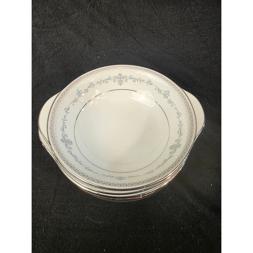 Noritake Maria 6675 Lugged Soup Bowls Set of 6 Blue Floral Platinum Trim Japan